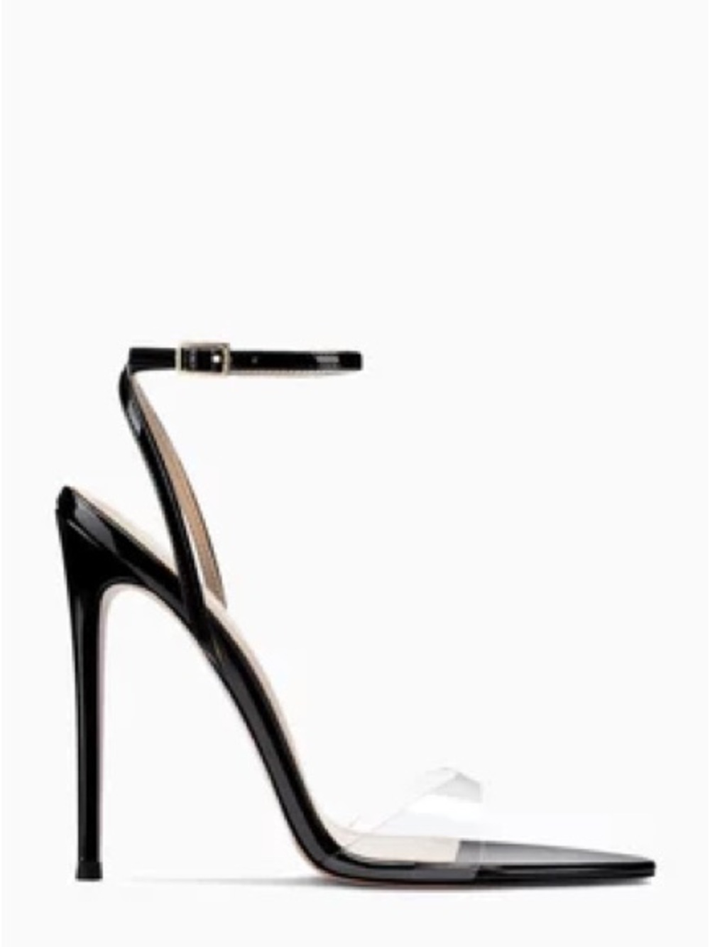 Black Patent Stiletto with Clear Toe Strap and Ankle Buckle